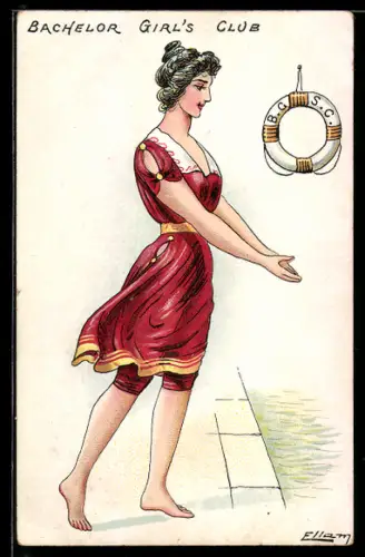 AK Elegante Dame in rotem Badeanzug