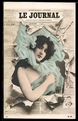 AK Dame in Tuch gehüllt platzt durch die Zeitung Le Journal