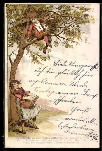 Lithographie Schwänzelpeter und Schlumpelliese, Kinder ernten Früchte aus einem Baum