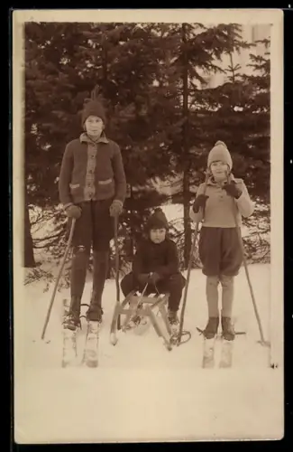 Foto-AK Drei Kinder auf Skiern und Schlitten