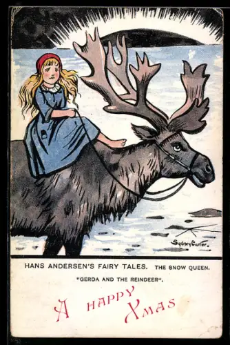 Künstler-AK sign. Sydney Carter: trauriges Mädchen reitet einen Elch