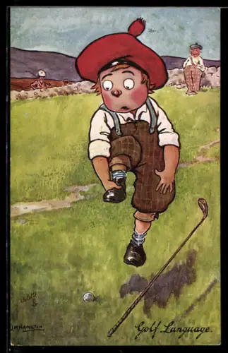 Künstler-AK sign. J. M. Hamilton, Golfer hüpft auf einem Bein