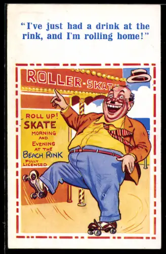 AK Lachender Mann beim Rollschuhfahren