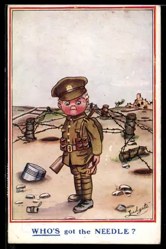 AK Kind in Soldatenuniform steht beim Stacheldraht, Kinder Kriegspropaganda