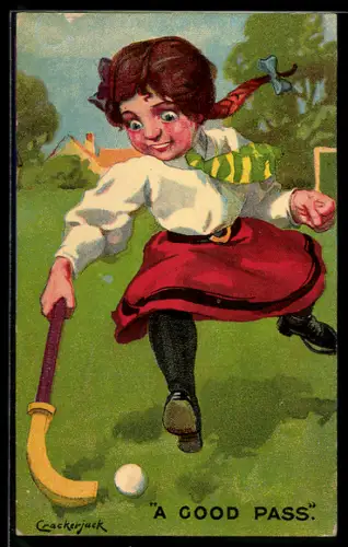 Künstler-AK sign. Crackerjack: Mädchen beim Hockeyspiel