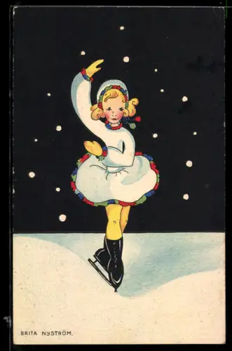 Künstler-AK sign. Brita Nyström: Frau beim Schlittschuhlauf vor dem Sternenhimmel