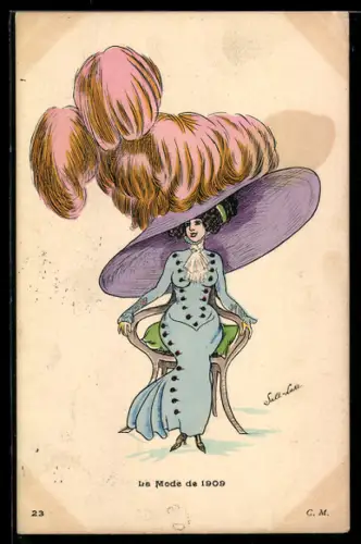 AK Frau im blauen Kleid und riesigem Hut