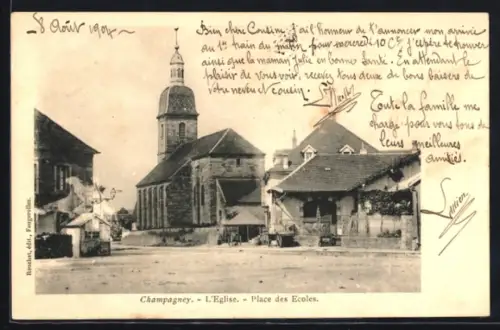 AK Champagney, L`Eglise, Place des Ecoles