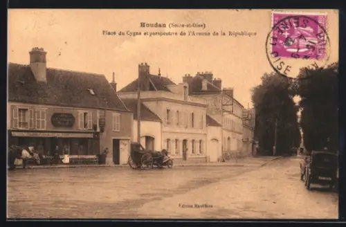 AK Houdan /Seine-et-Oise, Place du Cygne et perspective de l`Avenue de la République