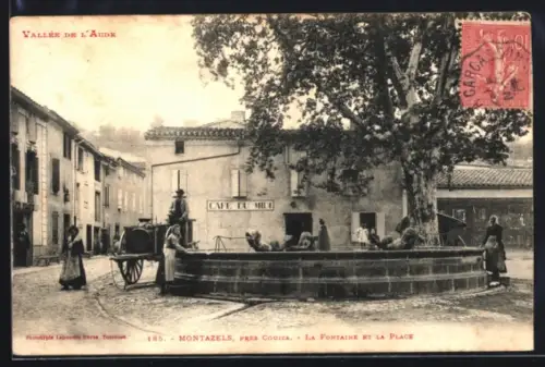 AK Montazels près Couiza, La Fontaine et la Place, Café du Midi