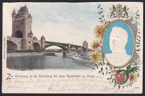 Präge-AK Worms, Blick auf die neue Rheinbrücke, Porträt und Wappen
