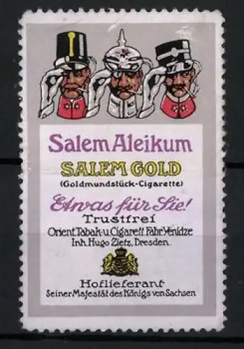 Reklamemarke Dresden, Salem Gold-Cigaretten, Soldaten mit Tschako & Pickelhaube