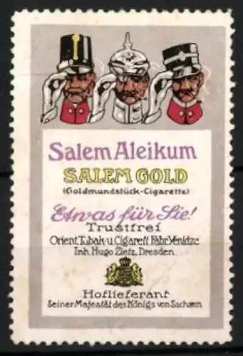 Reklamemarke Dresden, Cigaretten von Salem Gold, Drei rauchende Soldaten mit Tschako & Pickelhaube