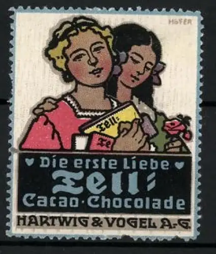 Künstler-Reklamemarke Paul Höfer, Dresden, Hartwig & Vogel A. G., Tell-Schokolade, Die erste Liebe