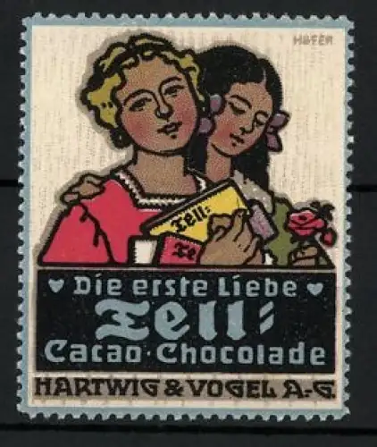 Künstler-Reklamemarke Paul Höfer, Dresden, Hartwig & Vogel A. G., Tell-Schokolade, Die erste Liebe, Zwei Mädchen