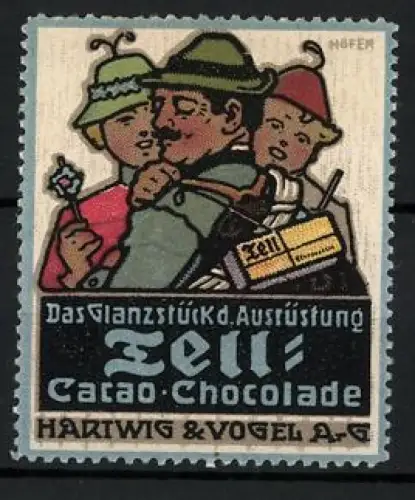 Künstler-Reklamemarke Paul Höfer, Dresden, Hartwig & Vogel A. G., Tell-Schokolade, Wanderer mit Schokolade