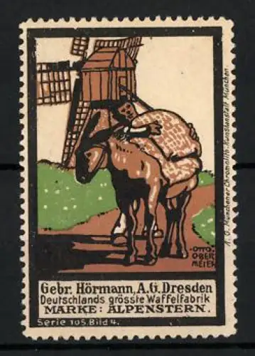 Künstler-Reklamemarke Otto Obermeier, Dresden, Waffelfabrik Gebr. Hörmann A. G., Esel und Windmühle