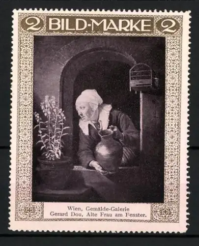 Reklamemarke Wien, Gemälde-Galerie, Gerard Dou, Alte Frau am Fenster
