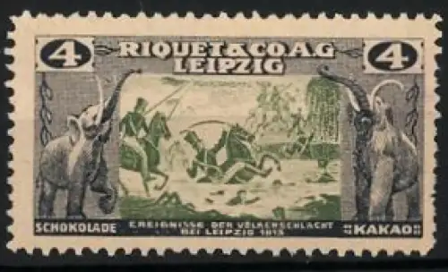Reklamemarke Leipzig, Riquet & Co AG, Kakao und Schokolade, Elefanten und Völkerschlacht 1813