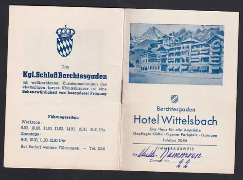 Werbebillet Berchtesgaden, Hotel Wittelsbach, Heft Zimmerausweis mit Informationen über die Umgebung, 12 Seiten
