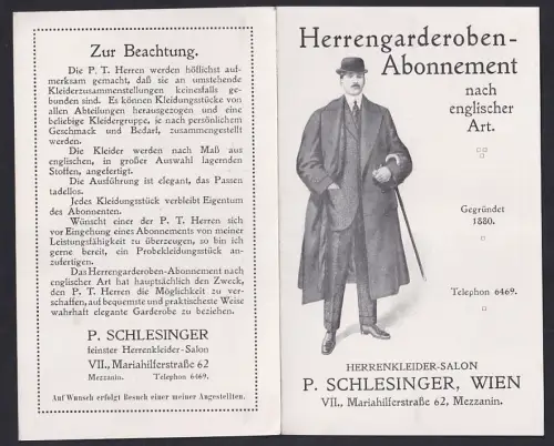 Werbebillet Wien, P. Schlesinger, Herrenkleider-Salon, Mariahilferstrasse 62, Angebote der Firma