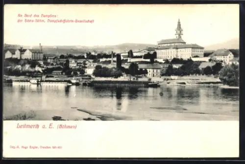 AK Leitmeritz a. E., Ortspanorama mit Frachtschiffen