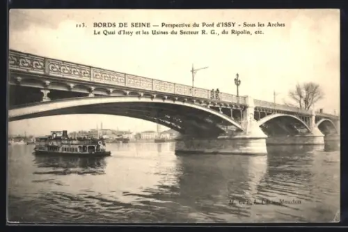AK Issy, Perspective du Pont d`Issy, Sous les Arches, Le Quai et les Usines du Secteur R. G., du Ripolin etc.