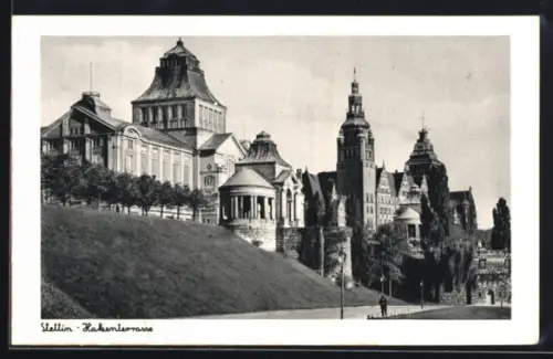 AK Stettin, Hakenterrasse mit Promenade, Panorama