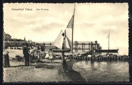 AK Cranz, Am Seesteg, Burgenbau, Segelboot