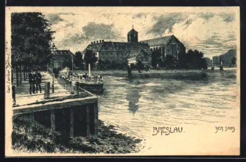 Künstler-AK sign. Carl Jander: Breslau, Uferpartie mit Boot, Der Sand