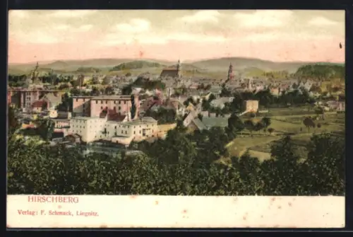 AK Hirschberg, Totalansicht des Ortes mit Umgebung
