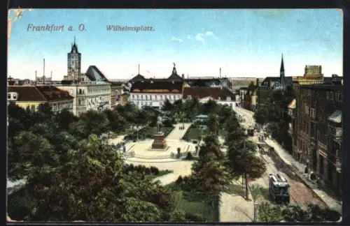 AK Frankfurt, Blick auf den Wilhelmsplatz mit Strassenbahn aus der Vogelschau