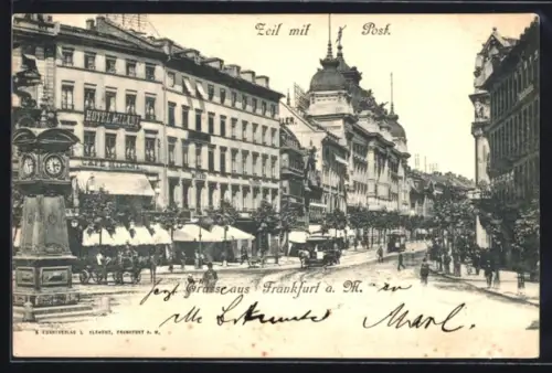 AK Frankfurt a. M., Zeil mit Post und Pferdebahn