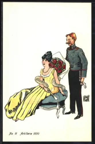 Künstler-AK sign. De Warnay: Bern, Schweiz. Landesausstellung 1914, Artillerie 1890, schweizer Soldat mit Rosen für Dame
