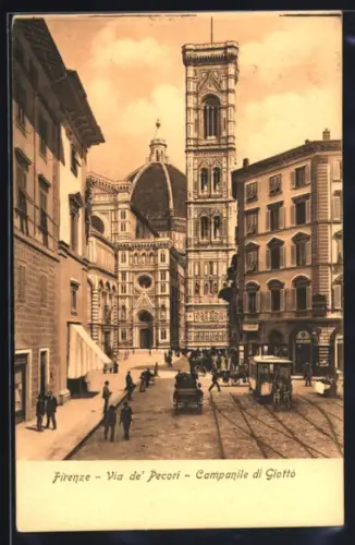 AK Firenze, Via de` Pecori Campanile di Giotto, Pferdebahn