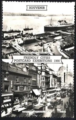 AK Liverpool, Friendly Cities Postcard Exhibitions 1966, The Landing Stage 1930, Manchester, Market Street 1932