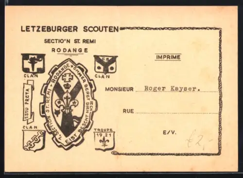 Künstler-AK Rodange, Letzeburger Scouten Section St. Remi, Wappen, Camping