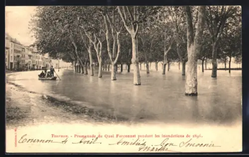 AK Tournon, Inondation 1896, promenade du quai Farconnet, Hochwasser, Ruderboot