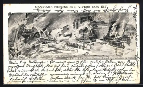 Lithographie Hoboken, NY, Piers of the North German Lloyd in Flames, Steamships burned
