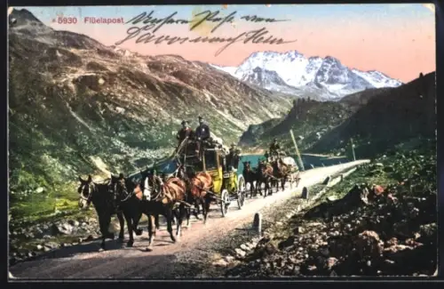 AK Flüela, Postkutsche auf einer Landstrasse