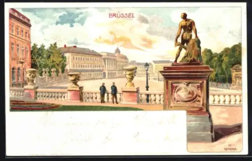 Künstler-Lithographie Richard Hegedüs-Geiger: Brüssel / Bruxelles, Partie am Kgl. Palais