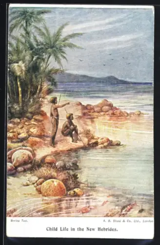 Künstler-AK New Hebrides, Child Life, Kinder am Strand
