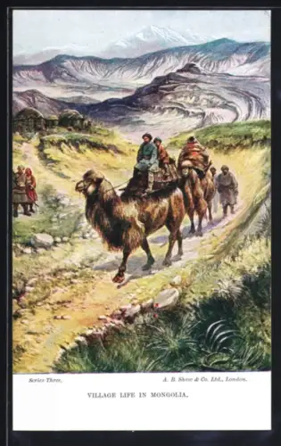 Künstler-AK Mongolia, Village Life, Gebirgspanorama mit Kamelreiten