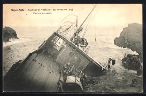 AK Saint-Malo, Naufrage du Hilda 1905, Ö`arrière du navire, Seenotrettung