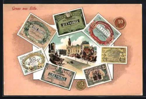 AK Lille, Blick in den Ort umgeben von Geldscheinen