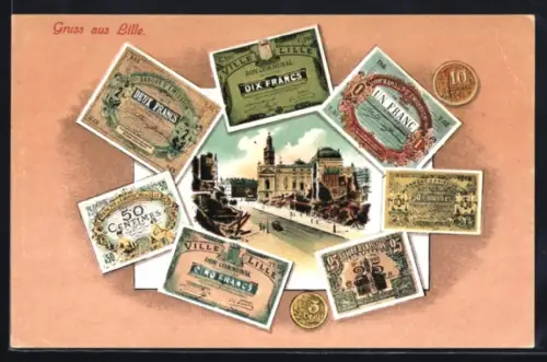 AK Lille, Ortspartie und Geldscheine