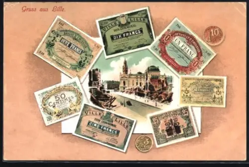 AK Lille, Ortspartie und Geldscheine