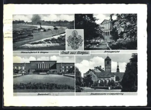 AK Glogau, Oderschiffahrt, Amtsgericht, Bahnhof und Partie am Leopoldring