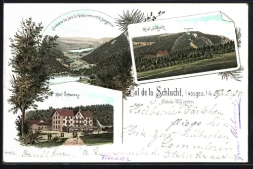 Lithographie Col de la Schlucht, Hotels Schlucht & Sefranoux, Panorama des Lacs de Retournemer