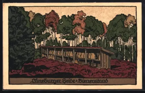 Steindruck-AK Bienenstand in der Lüneburger Heide, Imkerei
